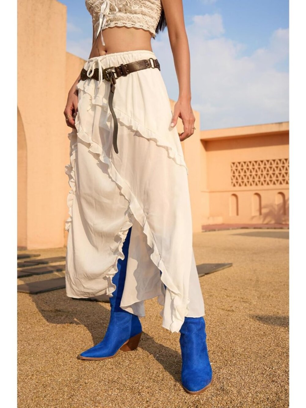 Women's Royal Blue Embroidered Knee High Block Heel Pointed Toe Cowgirl Boot - Picture 3 of 6